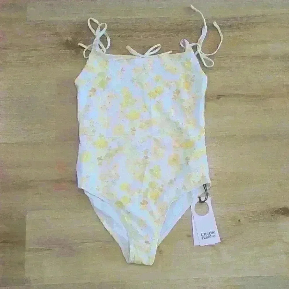 CH Charlie Holiday yellow white floral one piece swimsuit